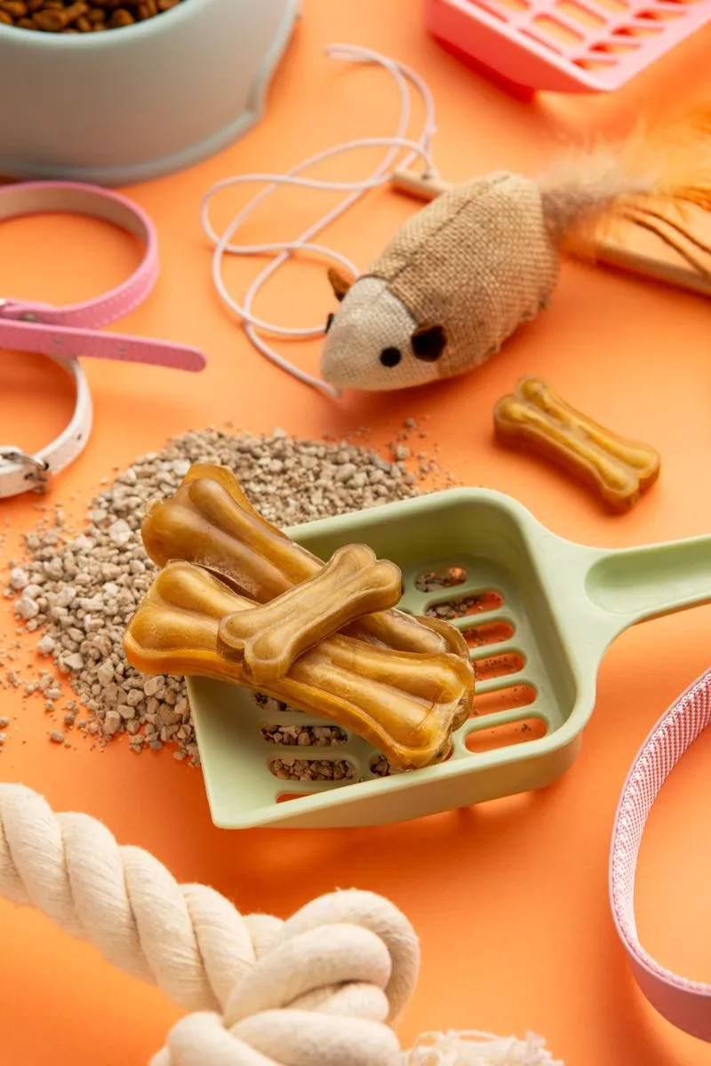 A bowl of dog treats on a table.